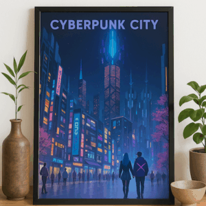 Cyberpunk City Poster, Futuristic Neon Night Street Art with Skyscrapers and Couple