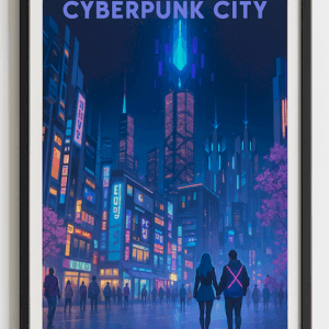 Cyberpunk City Poster, Futuristic Neon Night Street Art with Skyscrapers and Couple