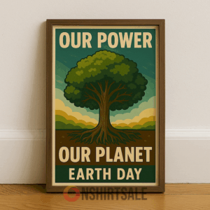 Earth Day Framed Poster, Our Power Our Planet Tree Art Print for Eco-Friendly Wall Decor