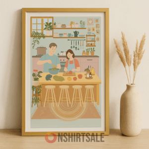 Framed Cozy Kitchen Wall Art,  Couple Cooking Together