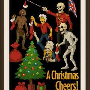Funny British Skeleton Christmas Poster, Horror Xmas Wall Art with Tree & Gifts