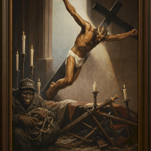 Jesus Crucifixion &War Symbolism Painting, Dramatic Christian Wall Decor for Home or Church