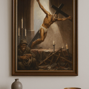 Jesus Crucifixion &War Symbolism Painting, Dramatic Christian Wall Decor for Home or Church