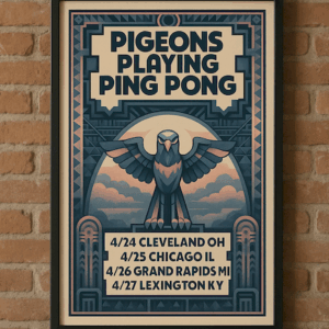 Pigeons Playing Ping Pong Art Deco Tour Poster, Framed Concert Wall Art Print
