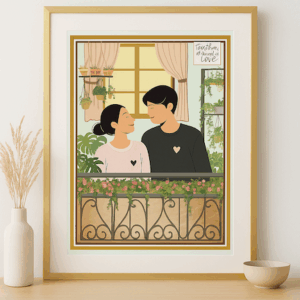 Romantic Balcony Couple Wall Art, Minimalist Love Illustration for Bedroom or Living Room Decor