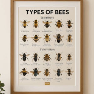 Types of Social and Solitary Bees Chart for Classroom Poster, Framed Educational Bee Poster