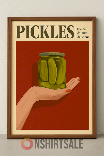 Vintage Pickles Poster, Crunchy Juicy Delicious Retro Jar Art Print for Kitchen Wall Decor