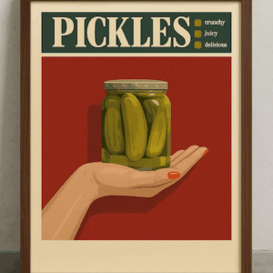 Vintage Pickles Poster, Crunchy Juicy Delicious Retro Jar Art Print for Kitchen Wall Decor