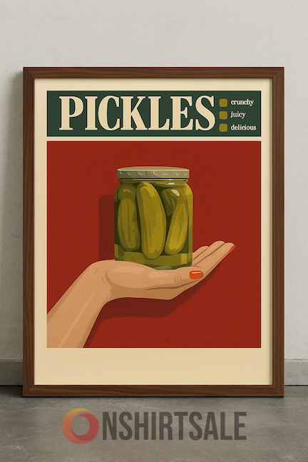Vintage Pickles Poster, Crunchy Juicy Delicious Retro Jar Art Print for Kitchen Wall Decor