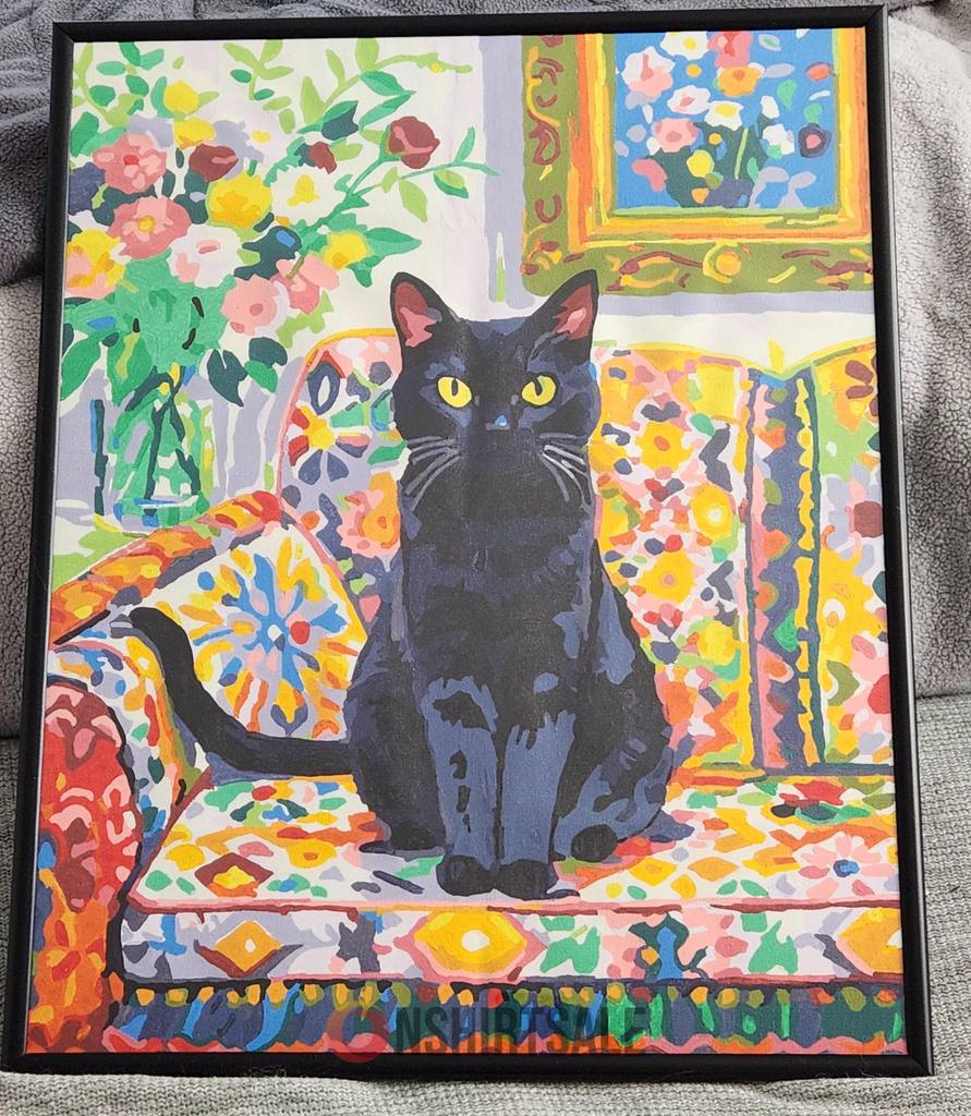 Black Cat Colorful Art Print, Vibrant Framed Wall Decor with Floral Couch and Painting for Cat Lovers